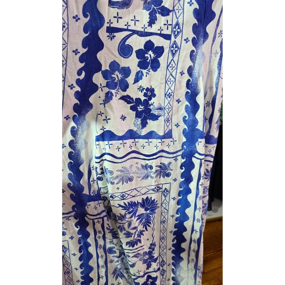 Joie Blue White Linen Rayon Floral Batik Midi Shirt Dress Small - Picture 9 of 11